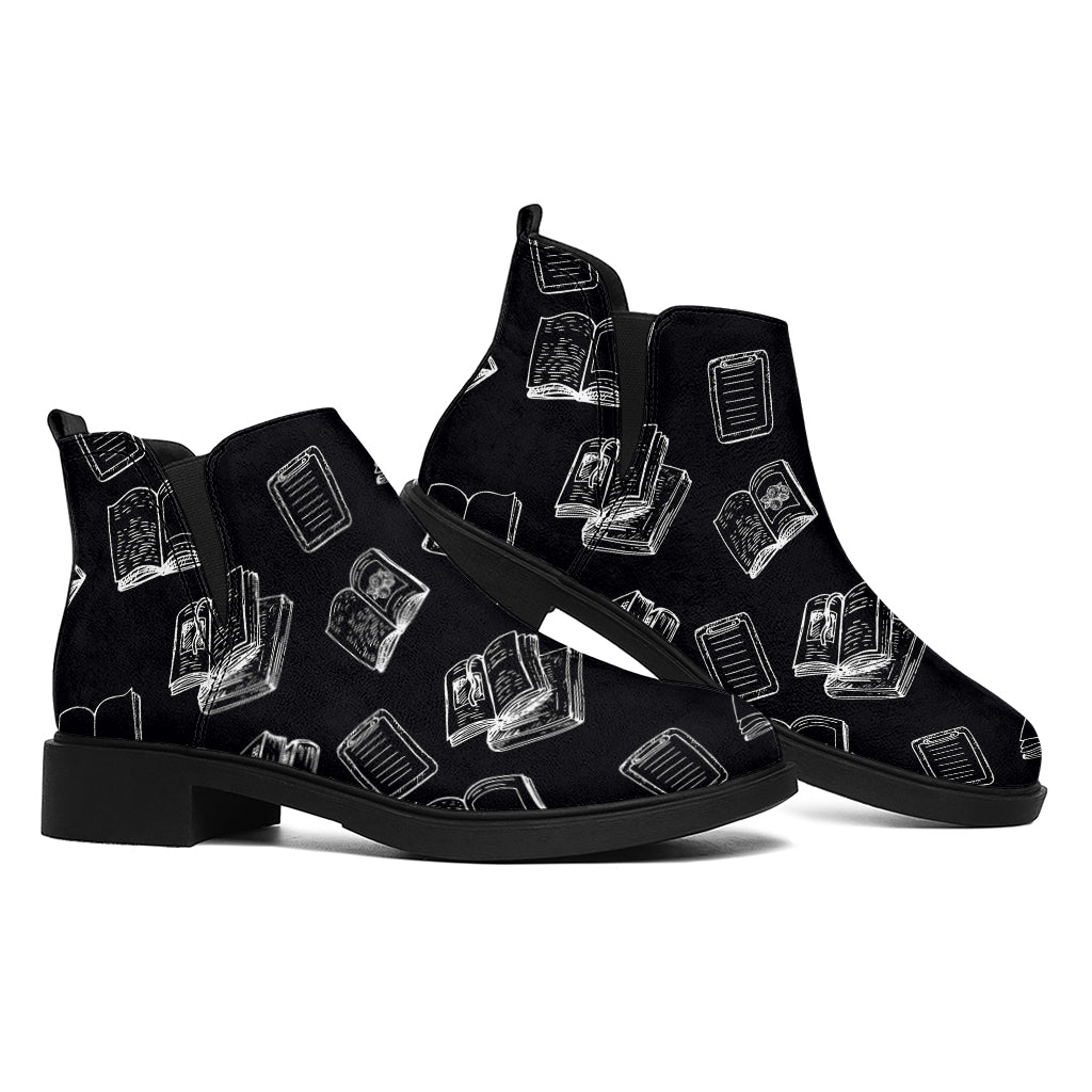Black And White Books Pattern Print Flat Ankle Boots