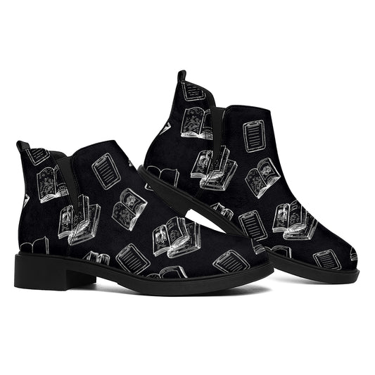 Black And White Books Pattern Print Flat Ankle Boots
