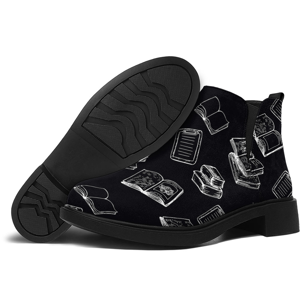 Black And White Books Pattern Print Flat Ankle Boots