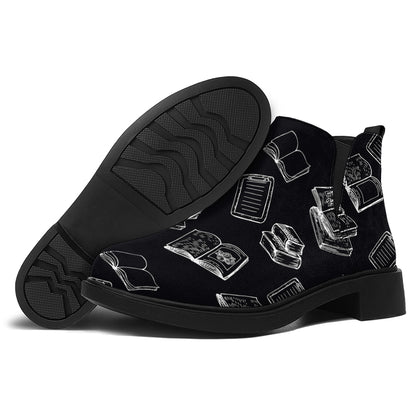 Black And White Books Pattern Print Flat Ankle Boots