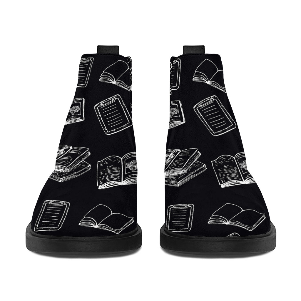 Black And White Books Pattern Print Flat Ankle Boots