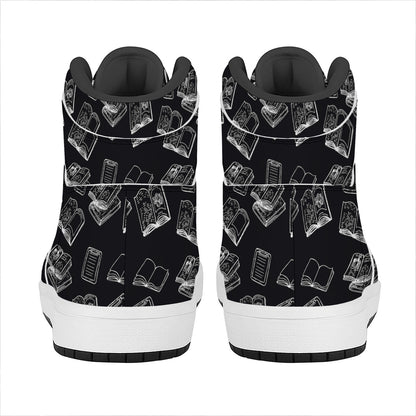 Black And White Books Pattern Print High Top Leather Sneakers