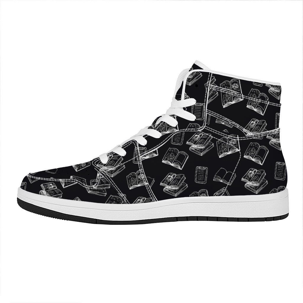Black And White Books Pattern Print High Top Leather Sneakers