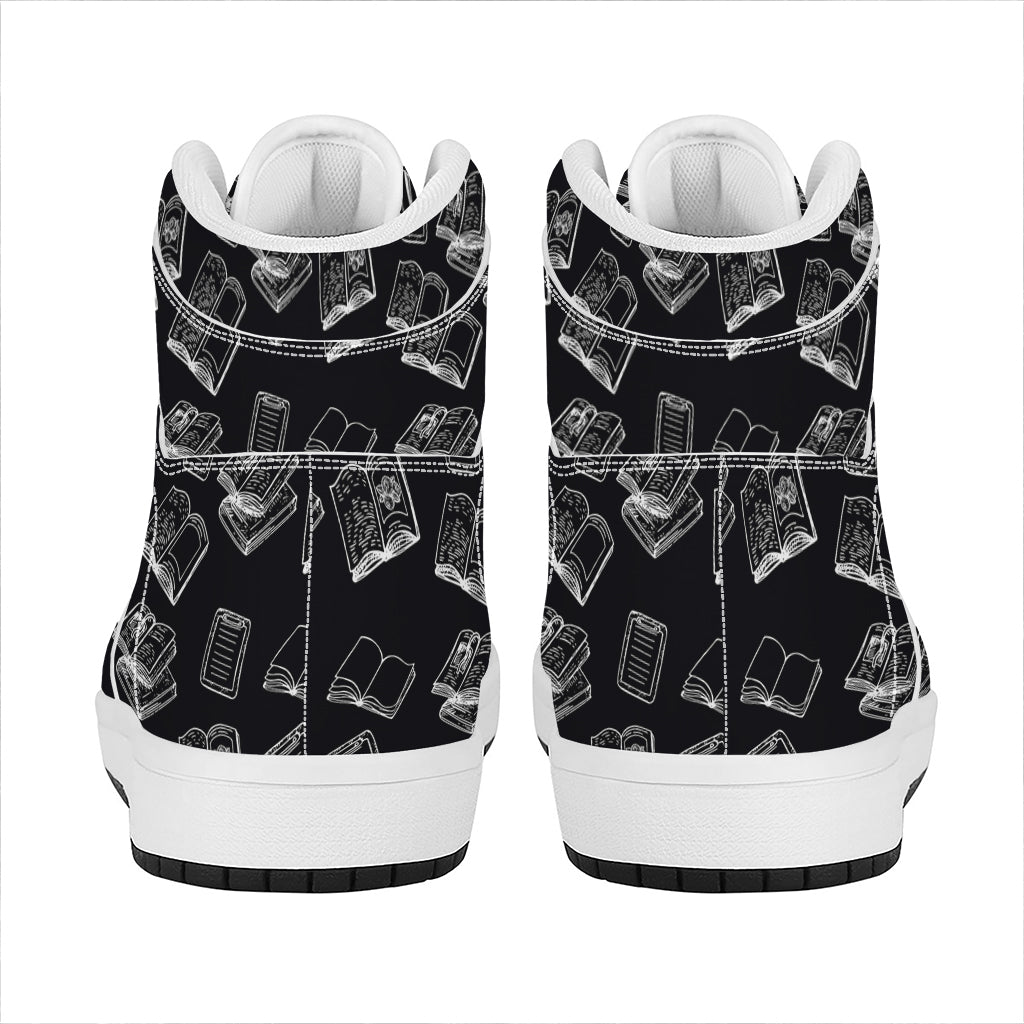 Black And White Books Pattern Print High Top Leather Sneakers