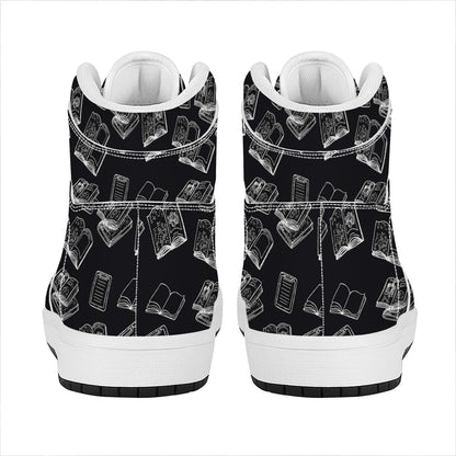 Black And White Books Pattern Print High Top Leather Sneakers