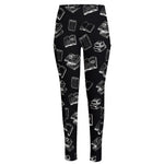 Black And White Books Pattern Print High-Waisted Pocket Leggings