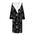 Black And White Books Pattern Print Hooded Bathrobe