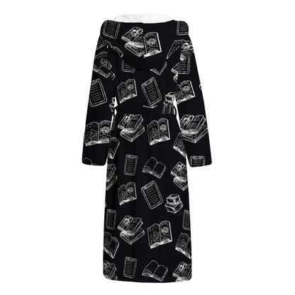 Black And White Books Pattern Print Hooded Bathrobe