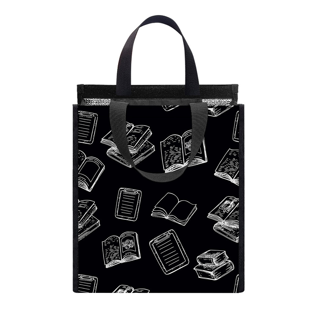 Black And White Books Pattern Print Insulated Lunch Tote
