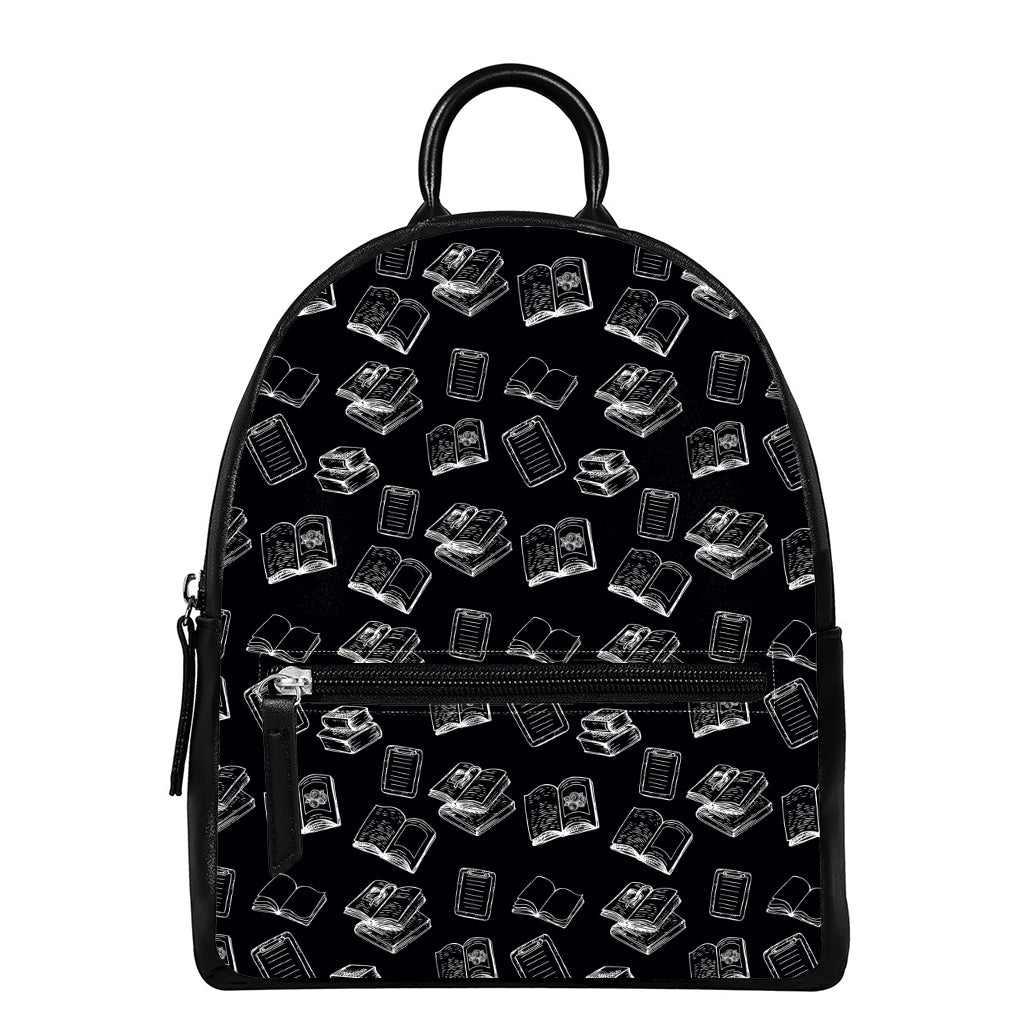 Black And White Books Pattern Print Leather Backpack