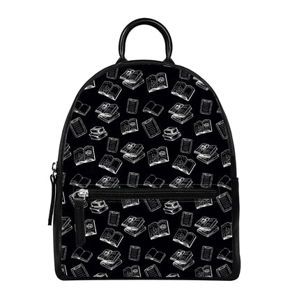 Black And White Books Pattern Print Leather Backpack