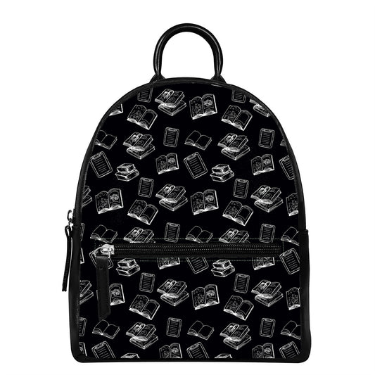 Black And White Books Pattern Print Leather Backpack