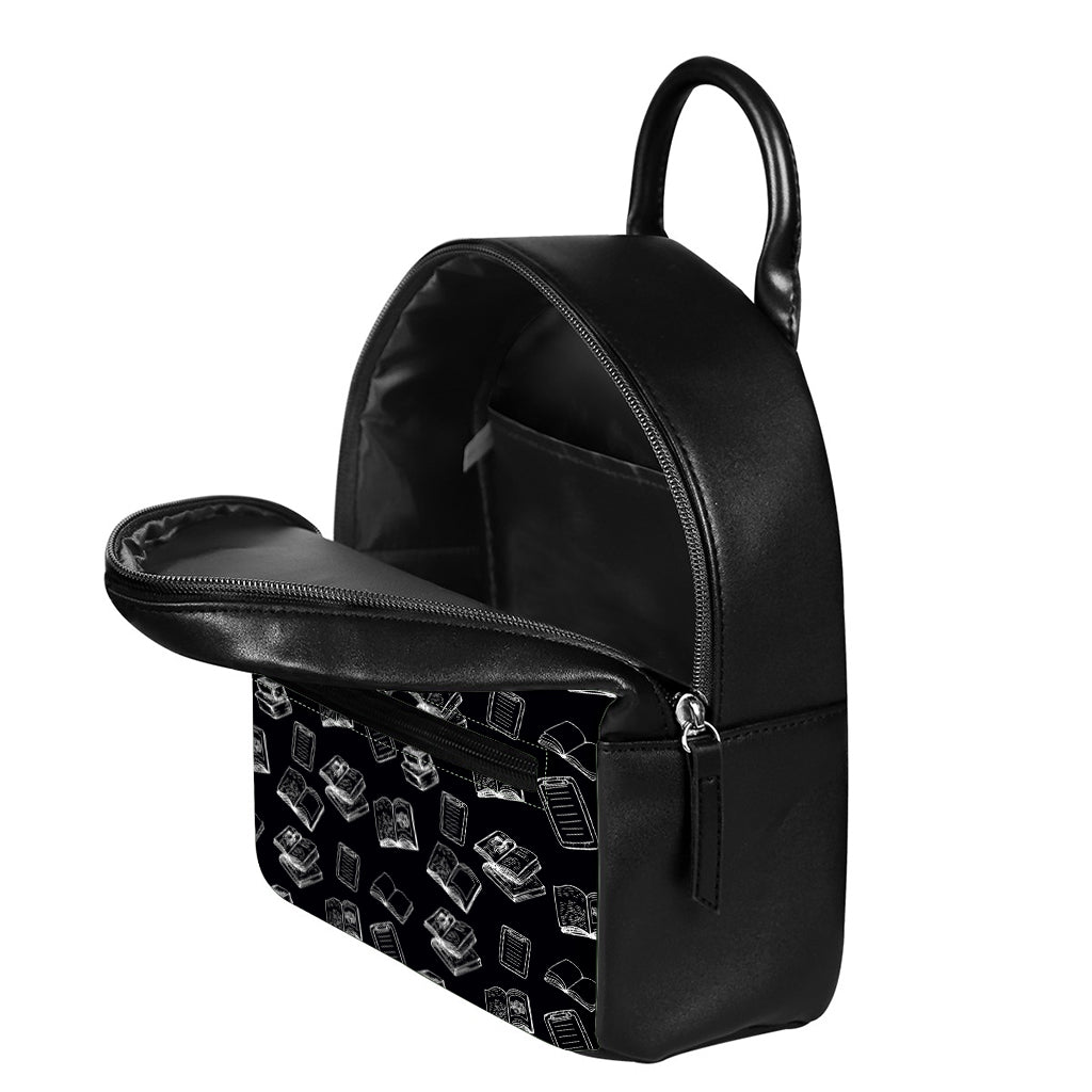 Black And White Books Pattern Print Leather Backpack