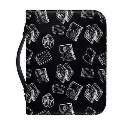 Black And White Books Pattern Print Leather Bible Cover
