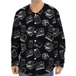 Black And White Books Pattern Print Long Sleeve Baseball Jersey