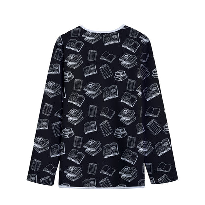 Black And White Books Pattern Print Long Sleeve Short Coat