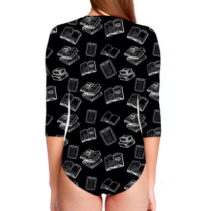 Black And White Books Pattern Print Long Sleeve Swimsuit