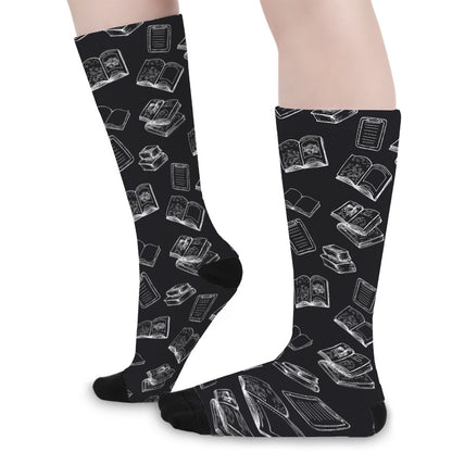 Black And White Books Pattern Print Long Socks