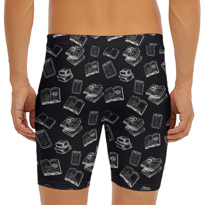 Black And White Books Pattern Print Men's Long Boxer Briefs