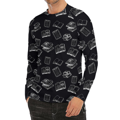 Black And White Books Pattern Print Men's Long Sleeve Rash Guard