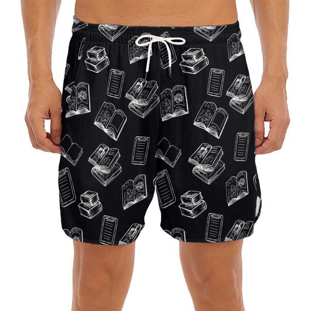 Black And White Books Pattern Print Men's Split Running Shorts