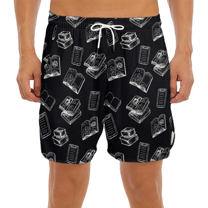 Black And White Books Pattern Print Men's Split Running Shorts