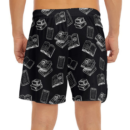 Black And White Books Pattern Print Men's Split Running Shorts