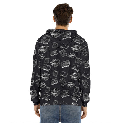 Black And White Books Pattern Print Men's Velvet Pullover Hoodie
