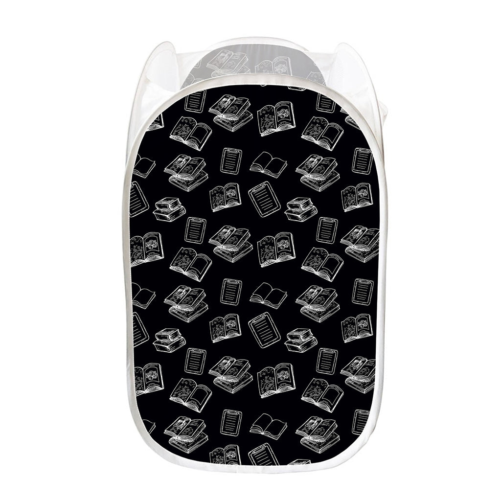 Black And White Books Pattern Print Mesh Laundry Hamper