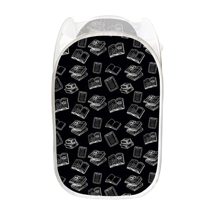 Black And White Books Pattern Print Mesh Laundry Hamper