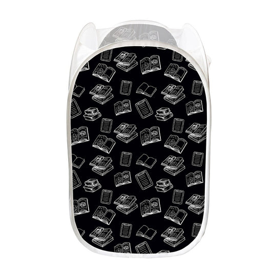 Black And White Books Pattern Print Mesh Laundry Hamper