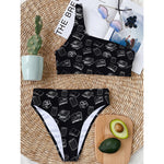 Black And White Books Pattern Print One Shoulder Bikini Top