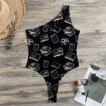Black And White Books Pattern Print One Shoulder Bodysuit