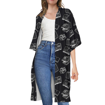 Black And White Books Pattern Print Open Front Beach Cover Up