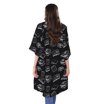 Black And White Books Pattern Print Open Front Beach Cover Up