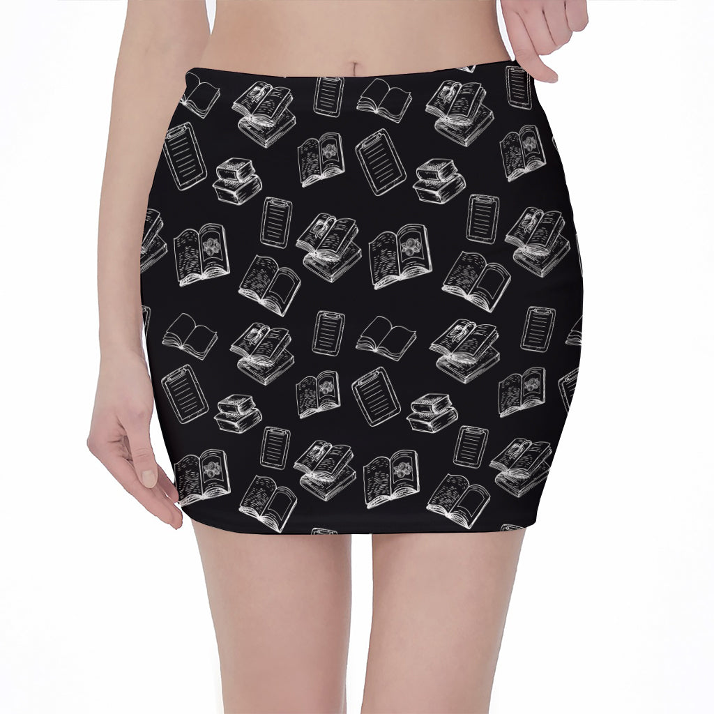 Black And White Books Pattern Print Pencil Mini Skirt