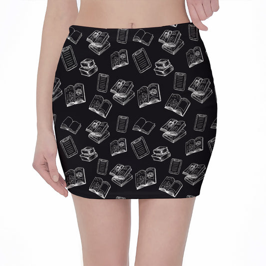 Black And White Books Pattern Print Pencil Mini Skirt