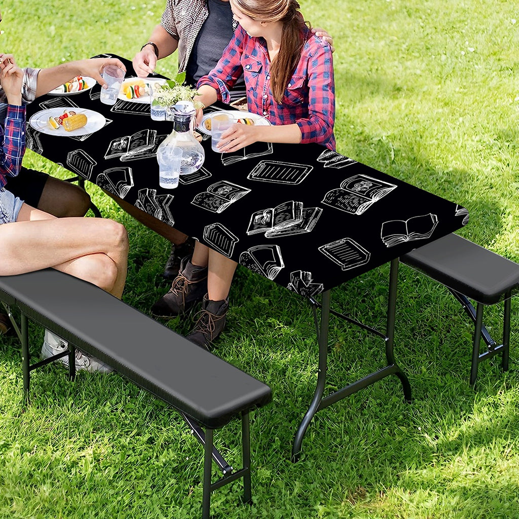 Black And White Books Pattern Print Picnic Table Cover