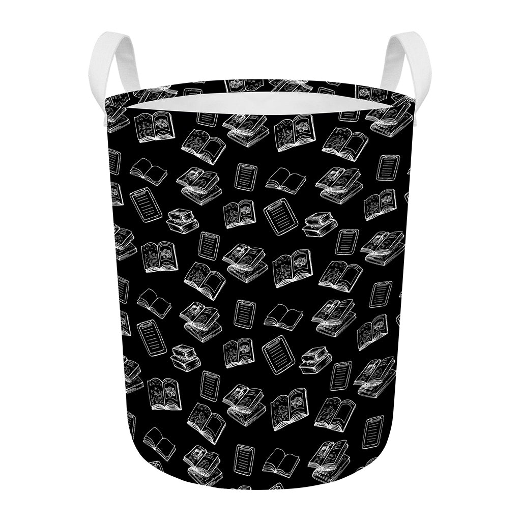 Black And White Books Pattern Print Round Laundry Basket