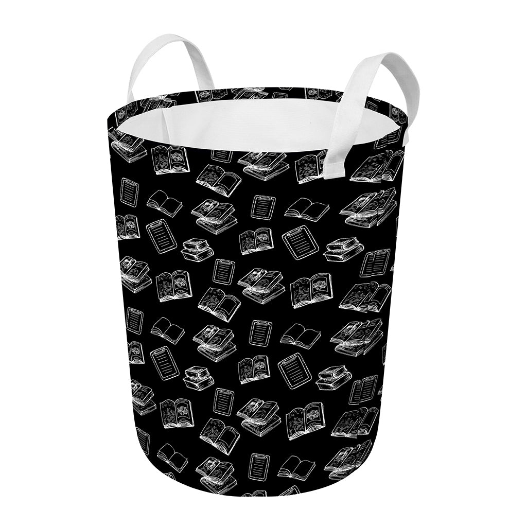 Black And White Books Pattern Print Round Laundry Basket