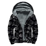 Black And White Books Pattern Print Sherpa Lined Zip Up Hoodie