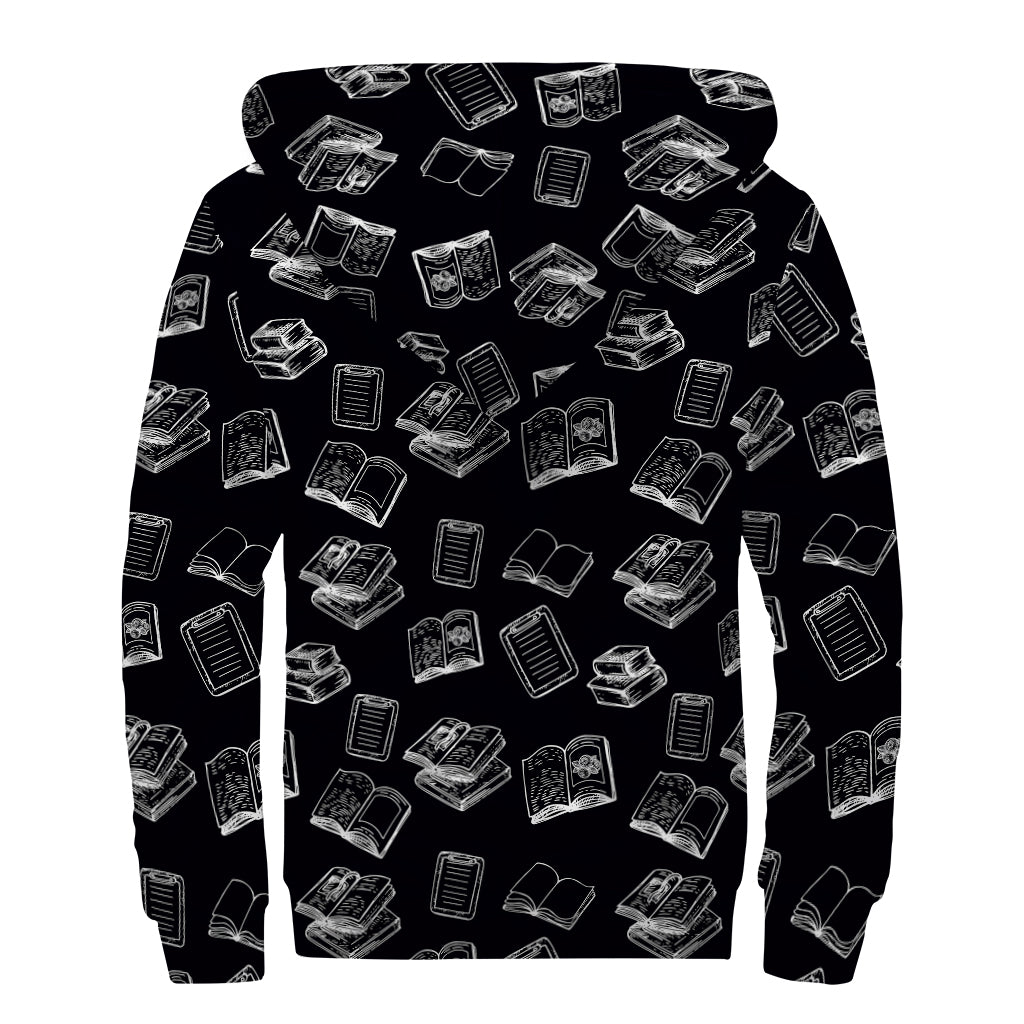 Black And White Books Pattern Print Sherpa Lined Zip Up Hoodie