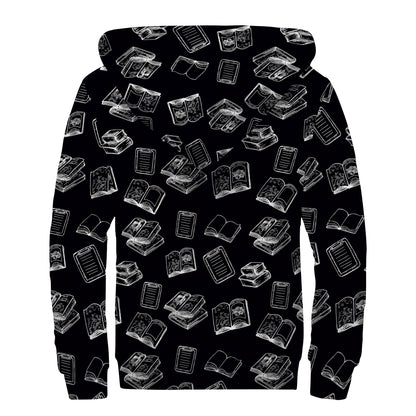 Black And White Books Pattern Print Sherpa Lined Zip Up Hoodie