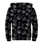 Black And White Books Pattern Print Sherpa Lined Zip Up Hoodie