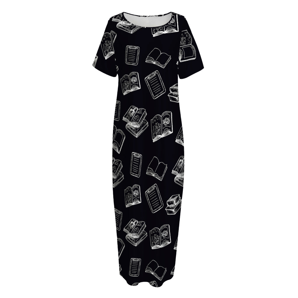 Black And White Books Pattern Print Short Sleeve Long Nightdress