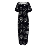 Black And White Books Pattern Print Short Sleeve Long Nightdress