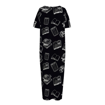 Black And White Books Pattern Print Short Sleeve Long Nightdress