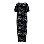Black And White Books Pattern Print Short Sleeve Long Nightdress