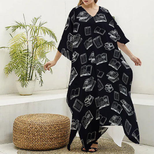 Black And White Books Pattern Print Silk V-Neck Kaftan Dress