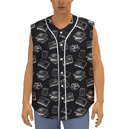 Black And White Books Pattern Print Sleeveless Baseball Jersey